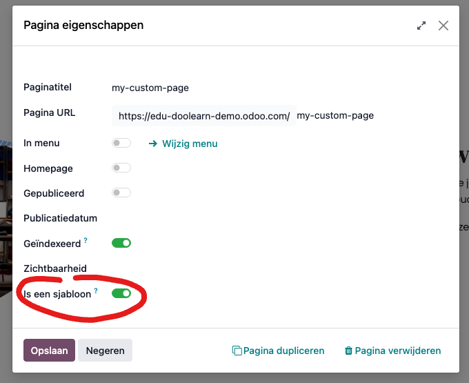 pop-up pagina settings