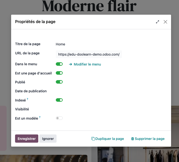 pop-up parametres page